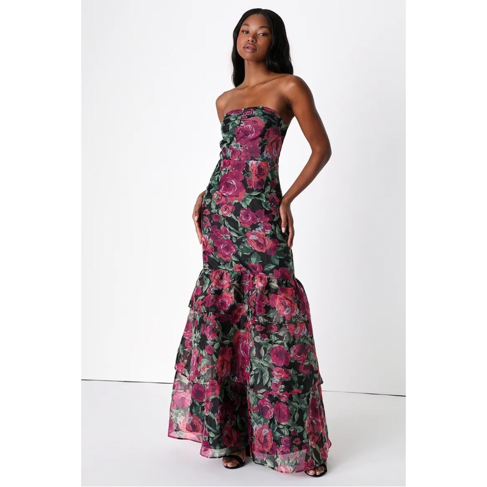 Green and Pink Floral Print Organza Maxi Dress